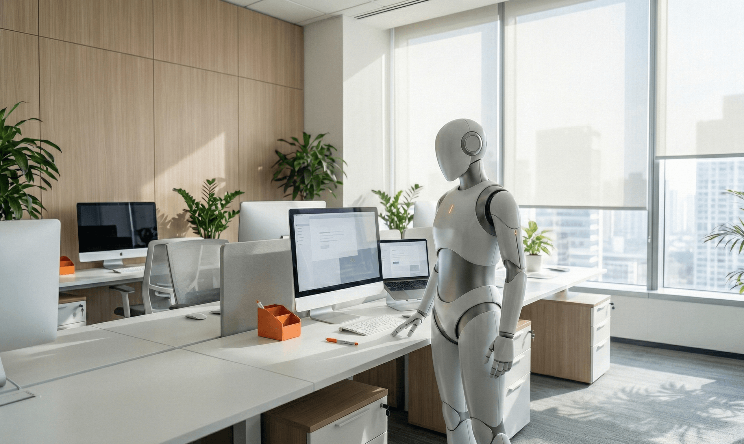 Asistente de IA humanoide en una oficina moderna entrenado con conocimiento de negocio