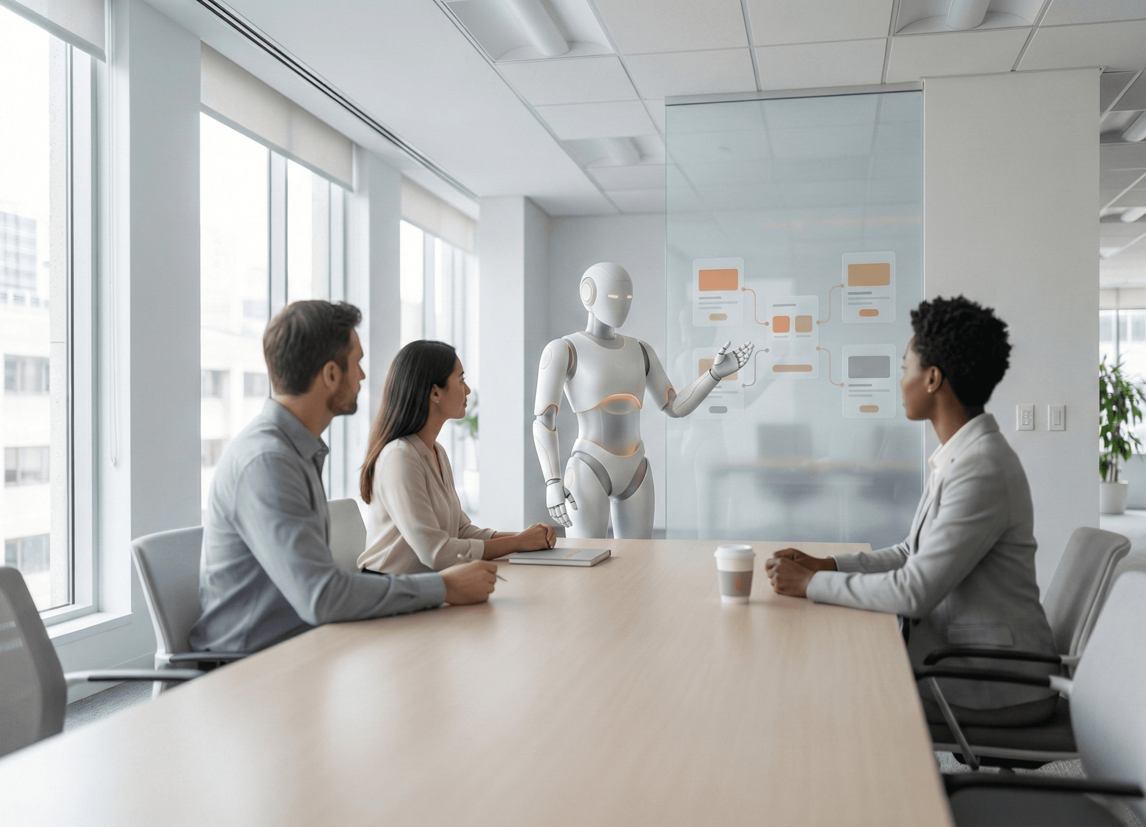 Asistente interno apoyando a equipos en una oficina colaborativa