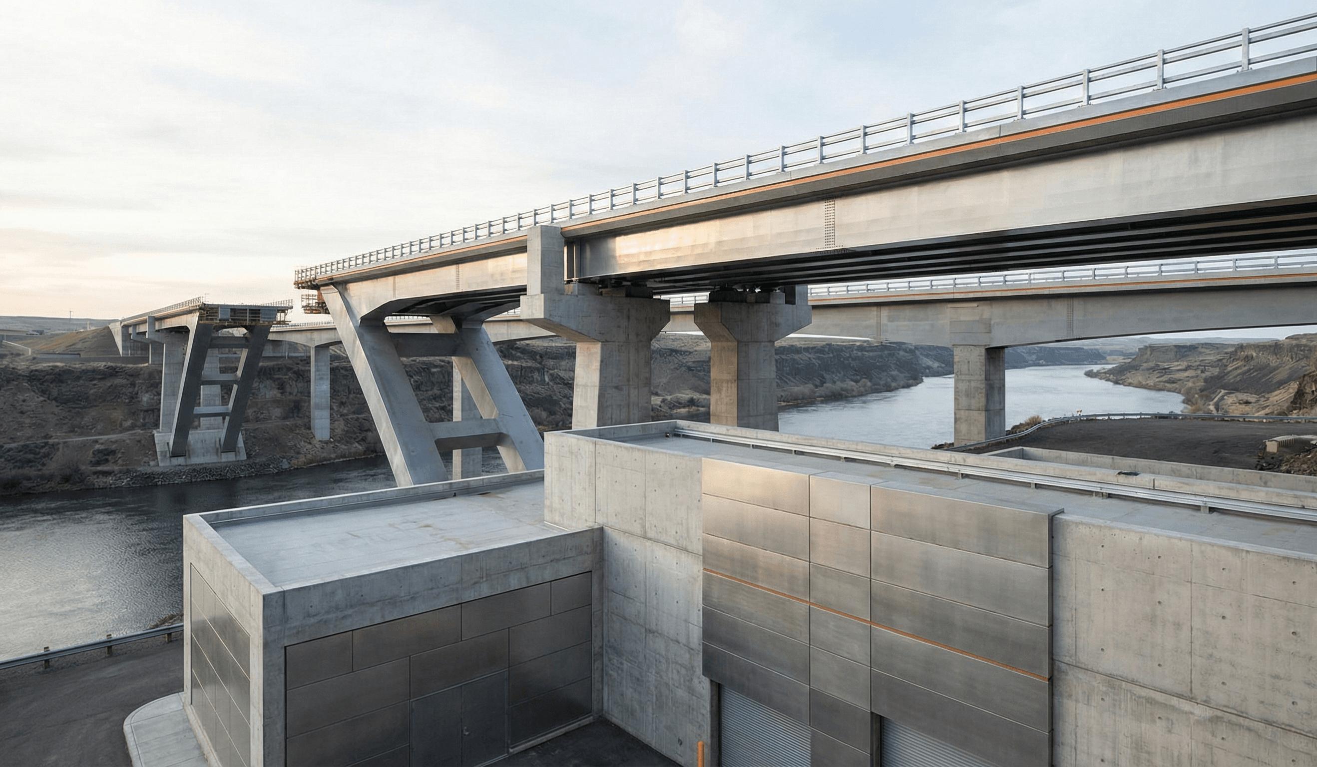 Gran proyecto de puente de hormigón utilizado como fondo para IA aplicada a construcción e infraestructura