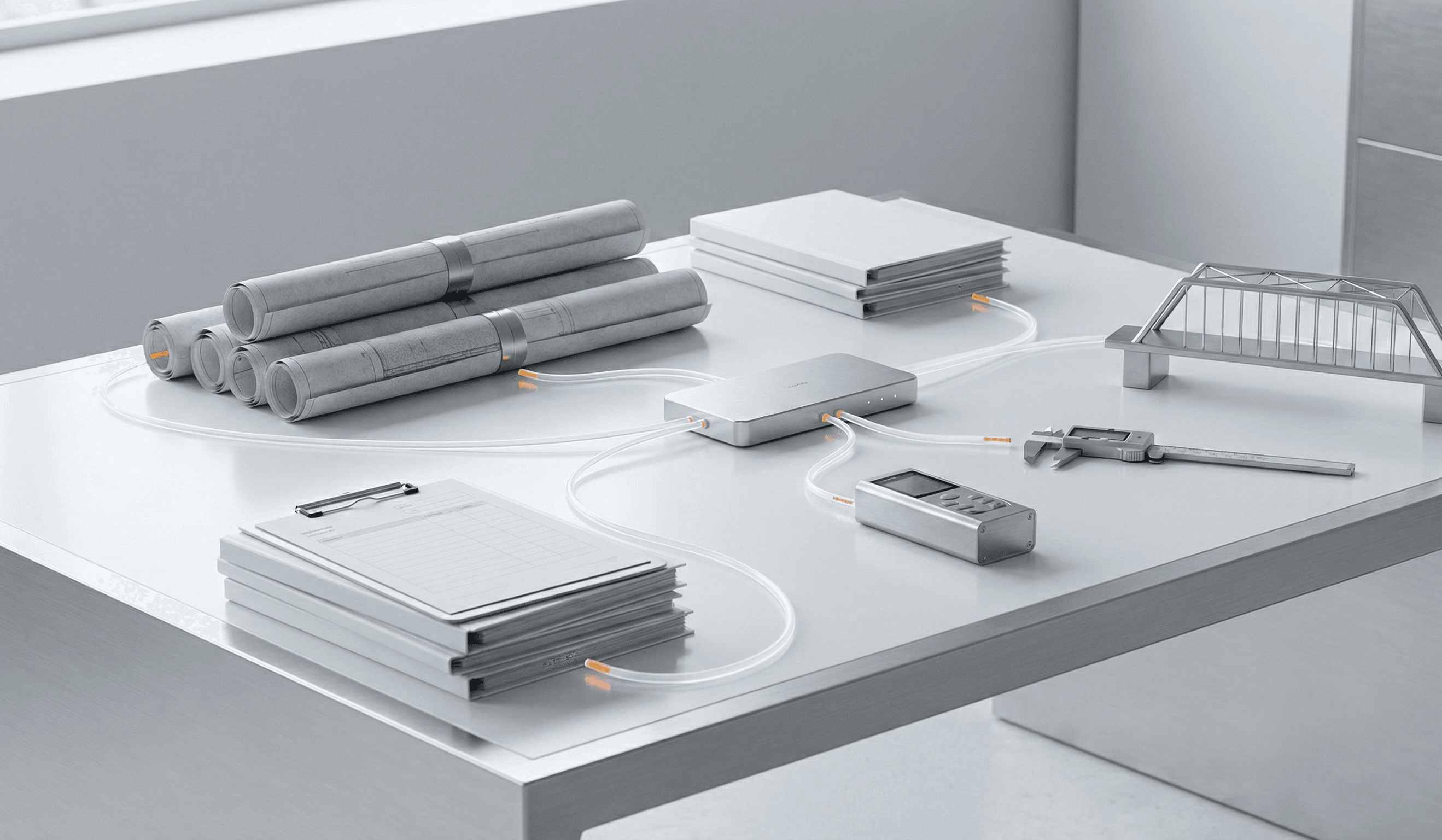 Mesa de planificación con planos y piezas que ilustra visibilidad y planificación de proyecto