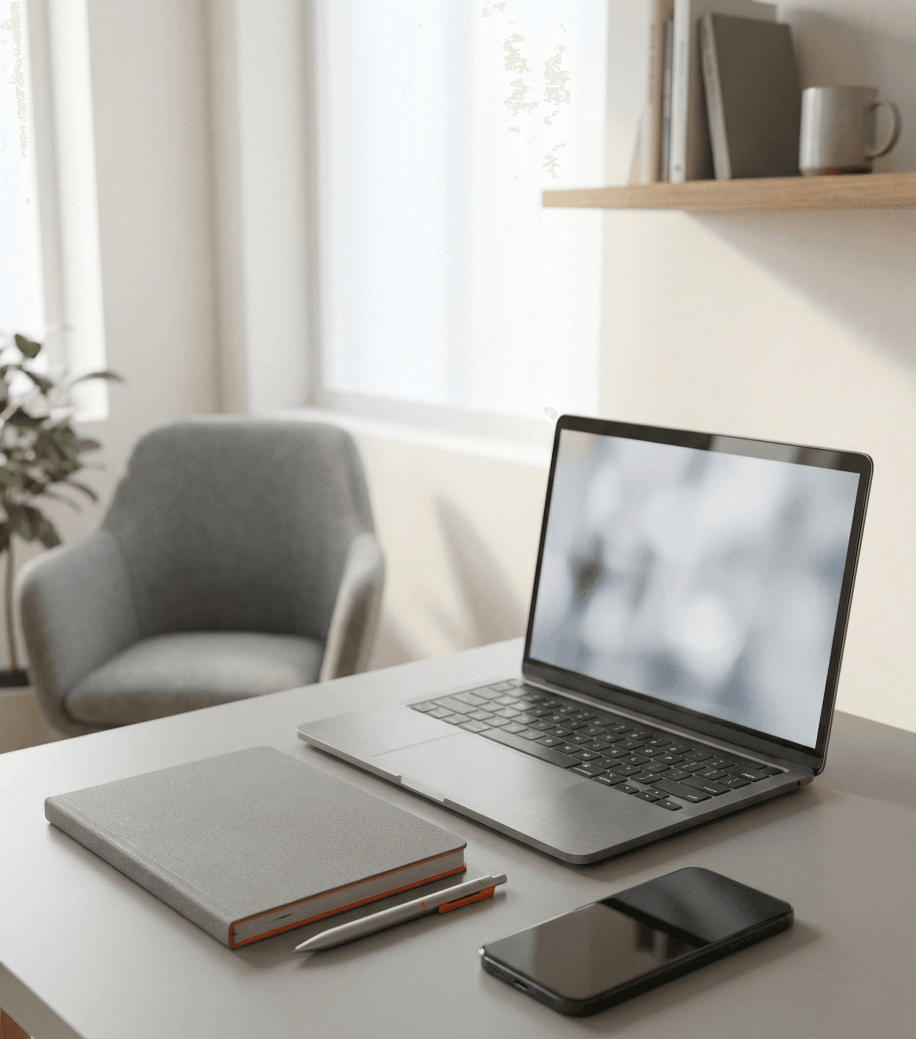 Laptop and notebook on a clean desk in a bright office