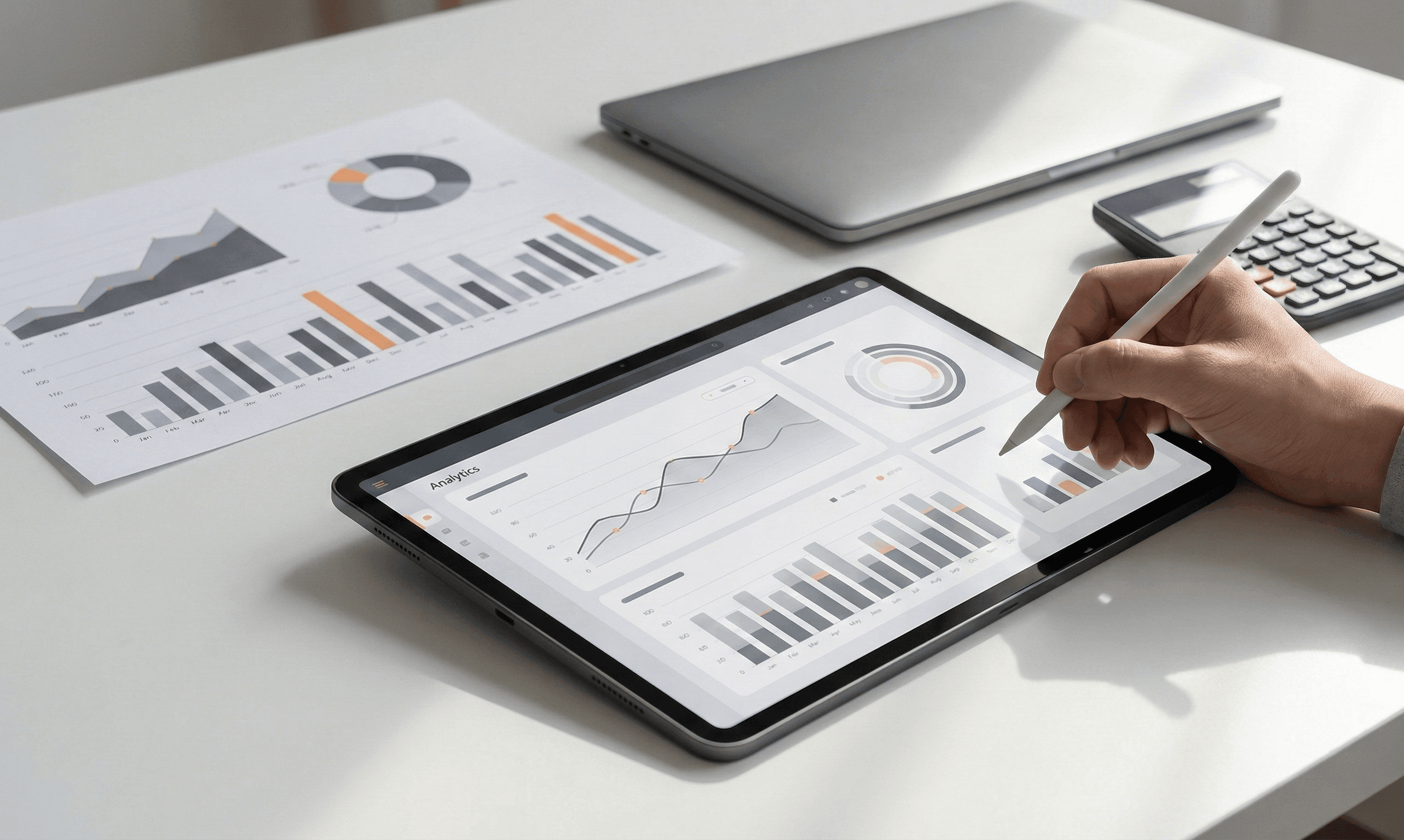 Tablet y reportes mostrando evolución de ventas e ingresos
