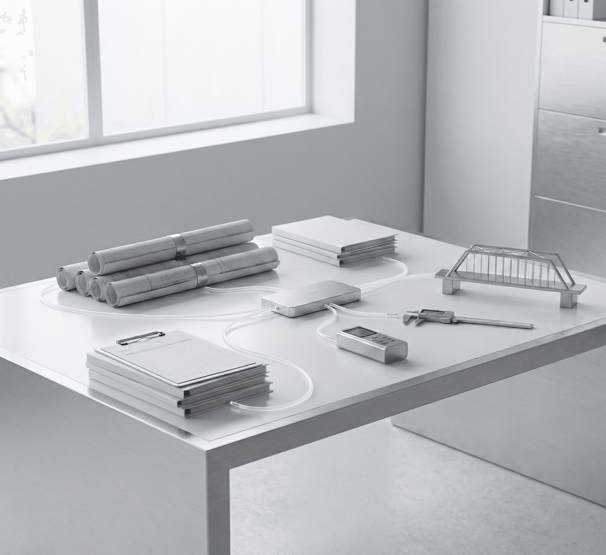 Operational process table with documents and connected devices