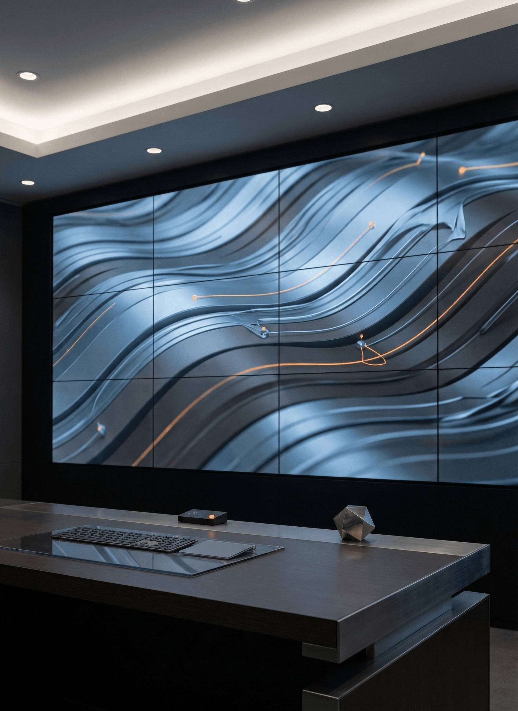 Dark data visualization wall with orange data lines