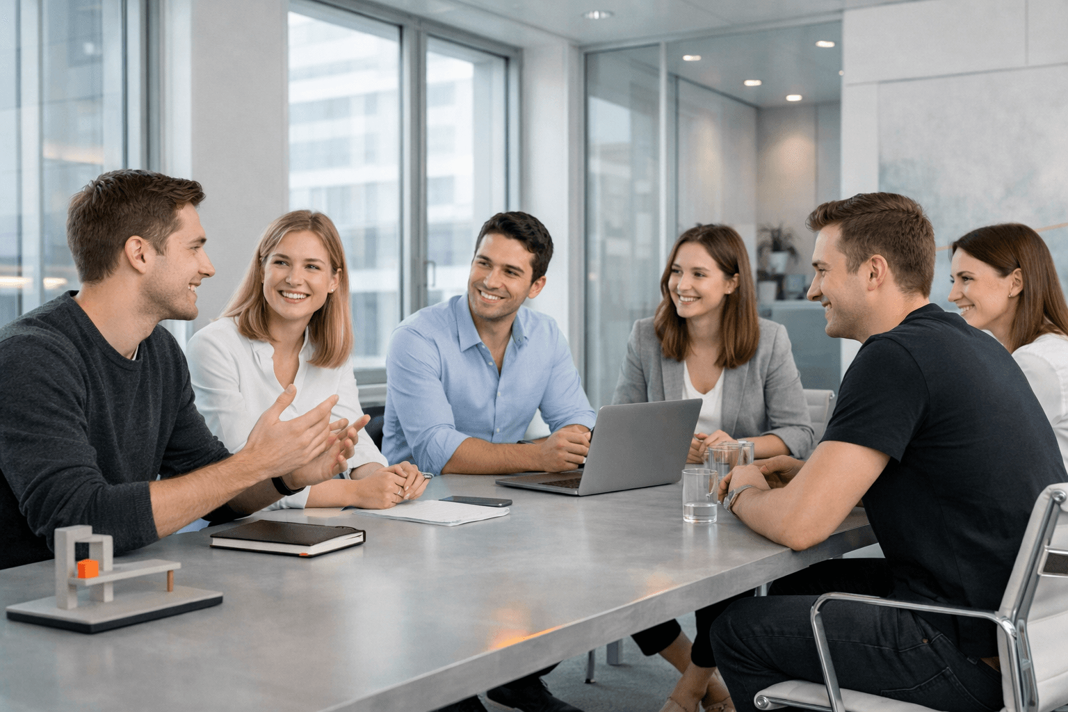 Team discussion around a table in a bright office