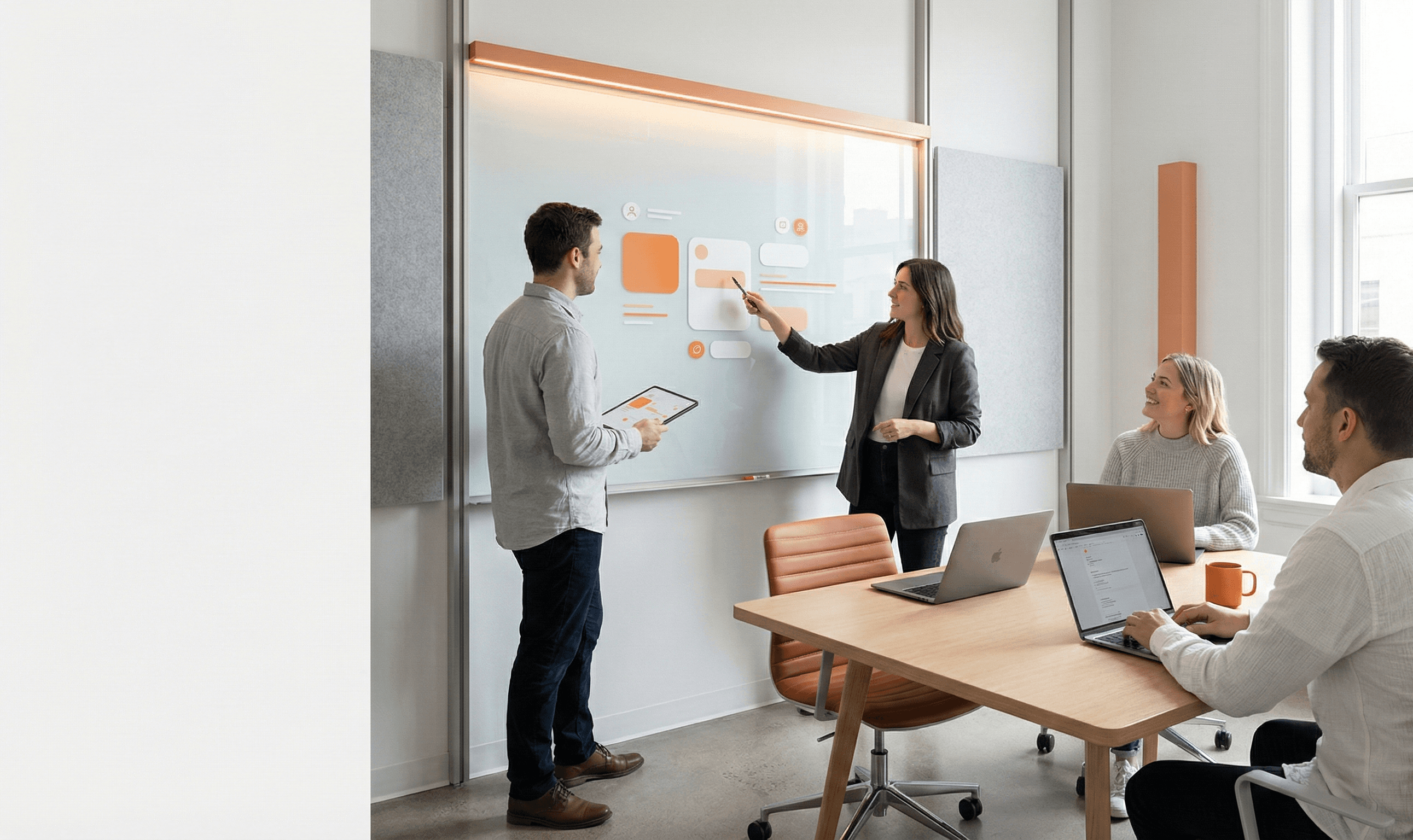Team collaboration in front of a wall display during a workshop