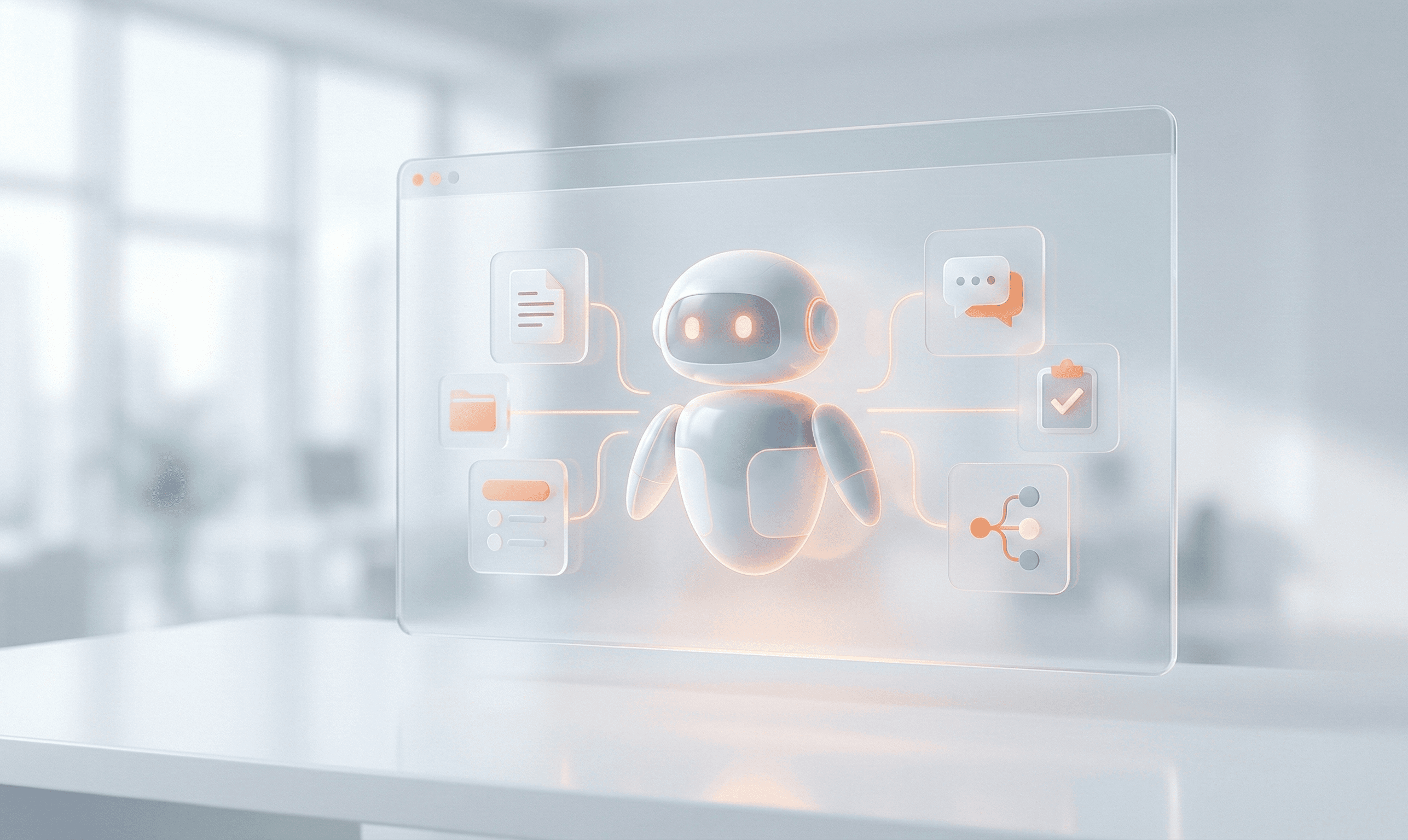 Soft futuristic assistant interface displayed inside a bright office setting
