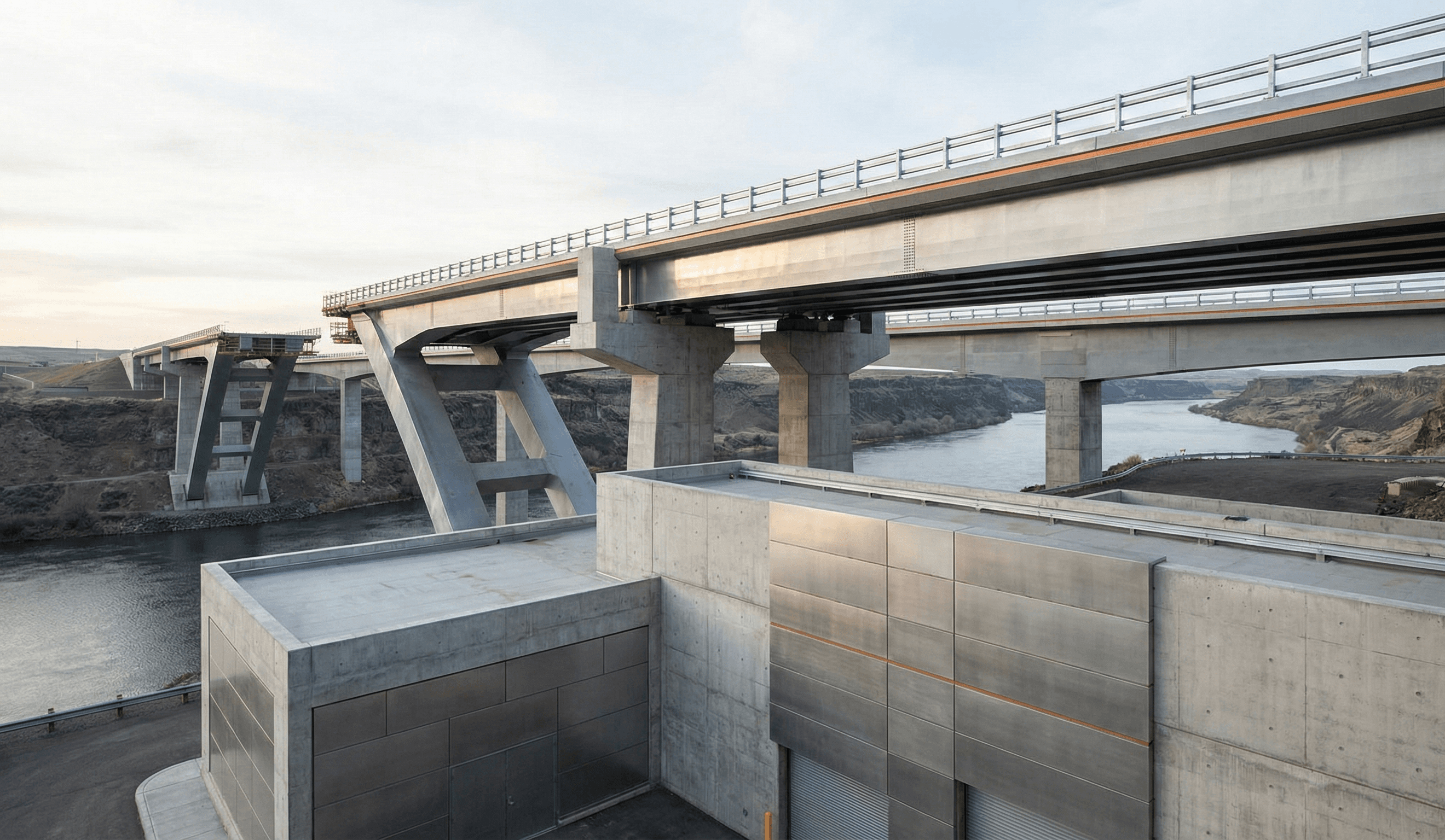 Construction and infrastructure scene with bridges and concrete structures