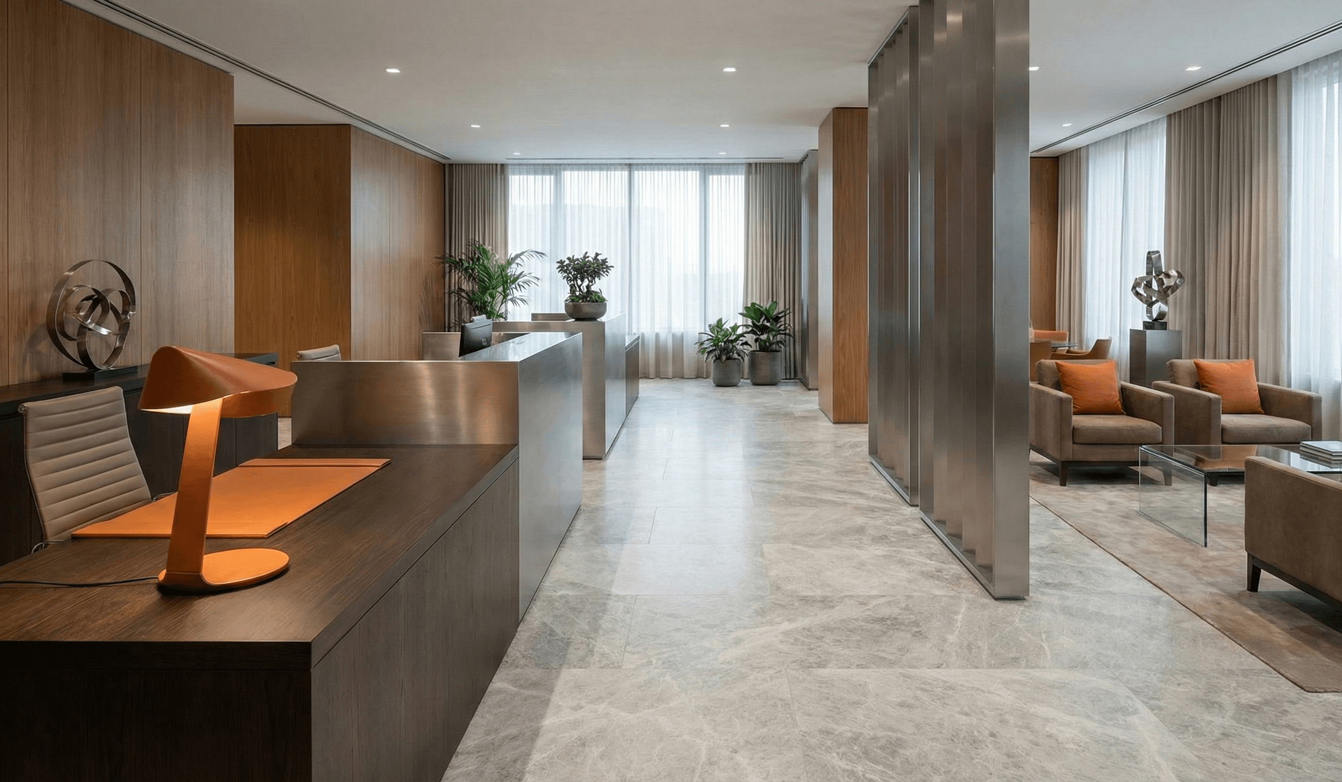 Refined professional services office interior with warm accents