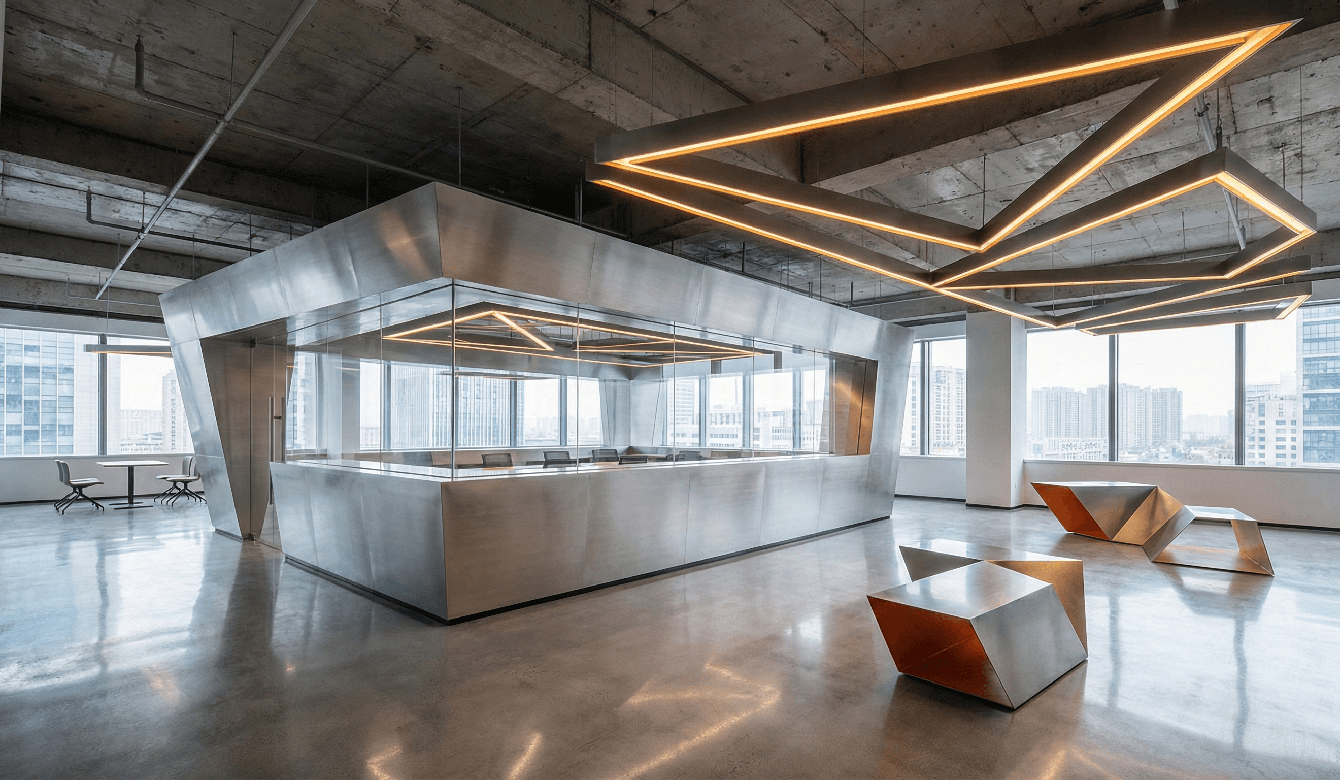 Modern startup workspace with angular lighting and city views