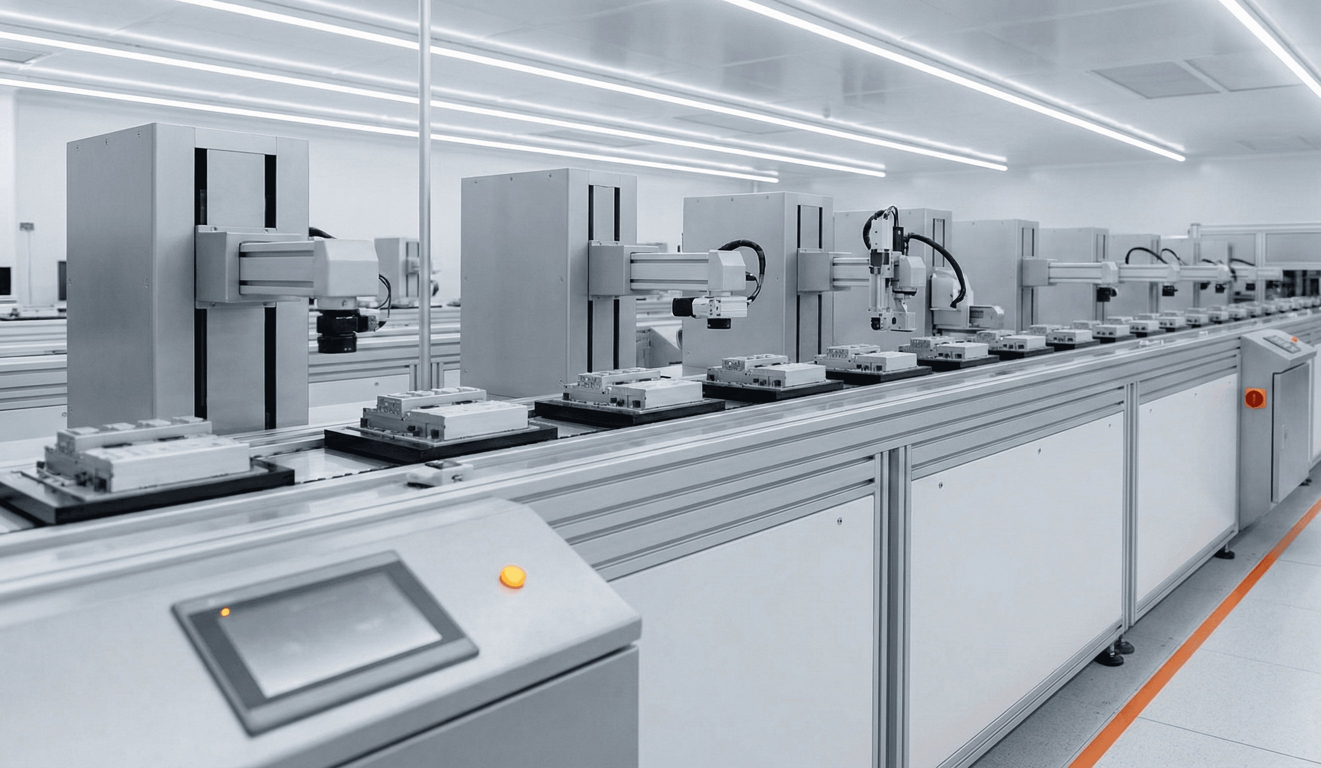 Línea de producción automatizada con brazos robóticos y maquinaria blanca