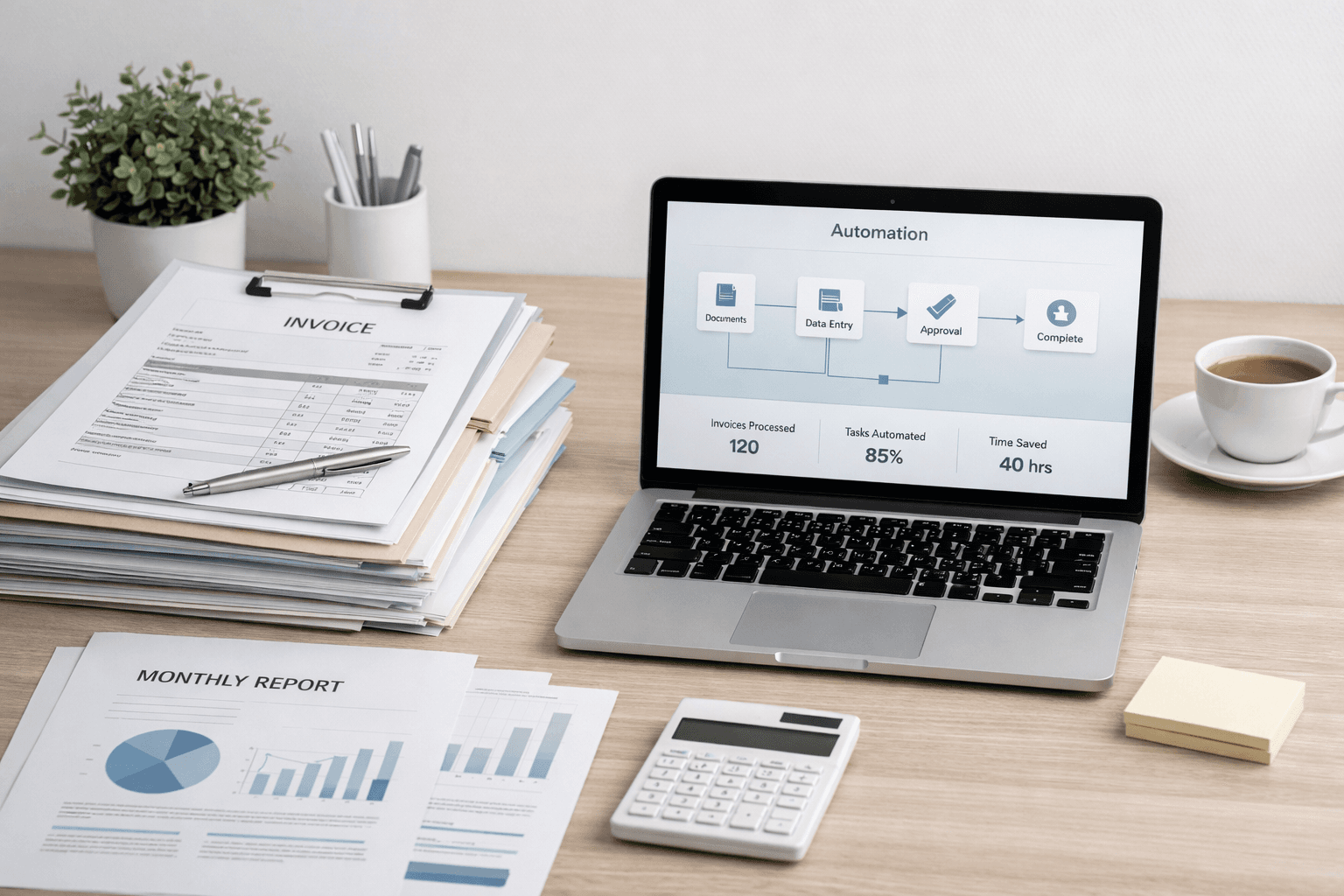 Escritorio con facturas, informes y un portátil mostrando un panel de automatización