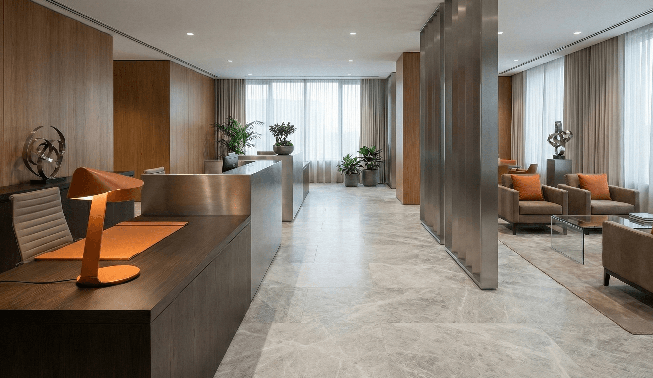 Interior de oficina de servicios profesionales utilizado como fondo para IA aplicada a flujos de trabajo diarios