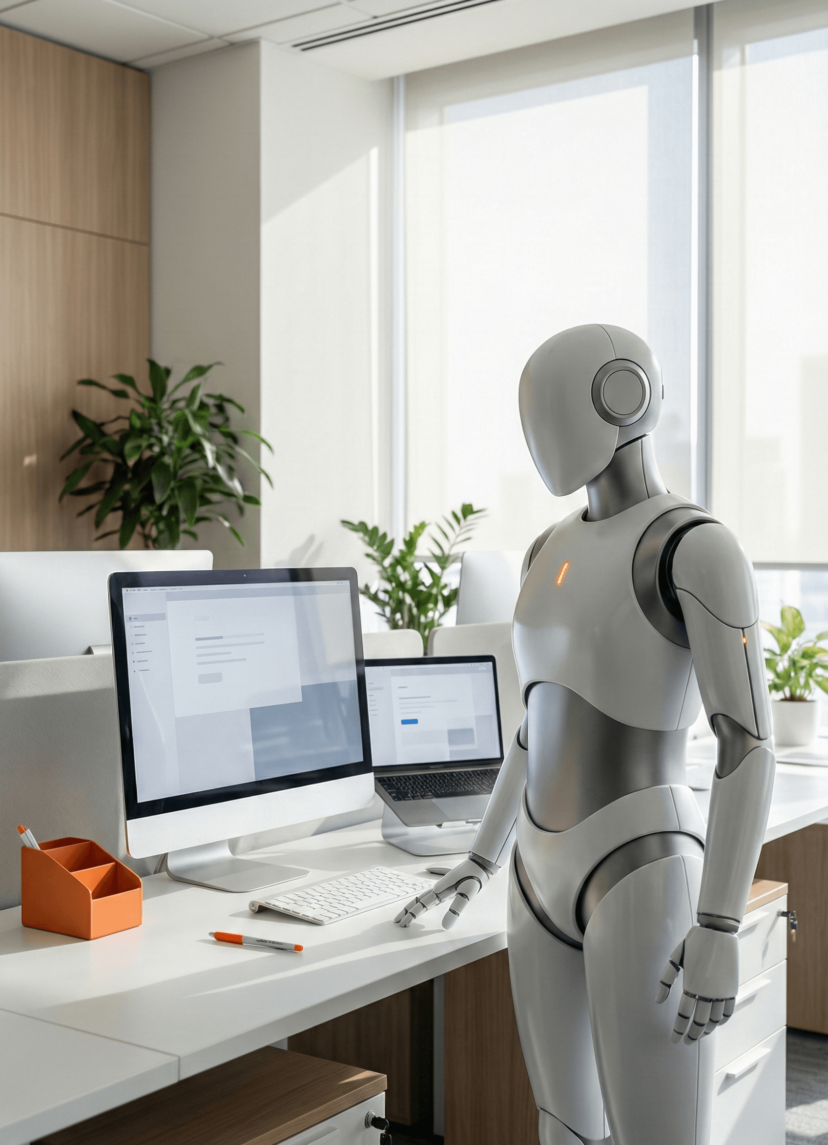 Asistente humanoide en una oficina luminosa que ilustra soporte administrativo