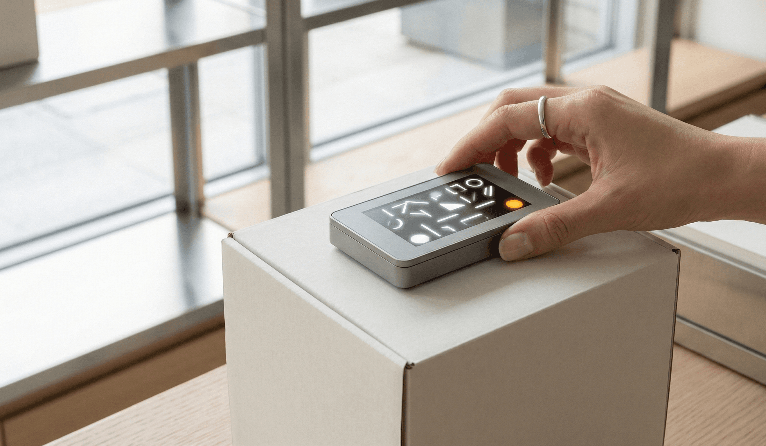 Dispositivo portátil sobre un paquete que representa apoyo a promociones y pricing