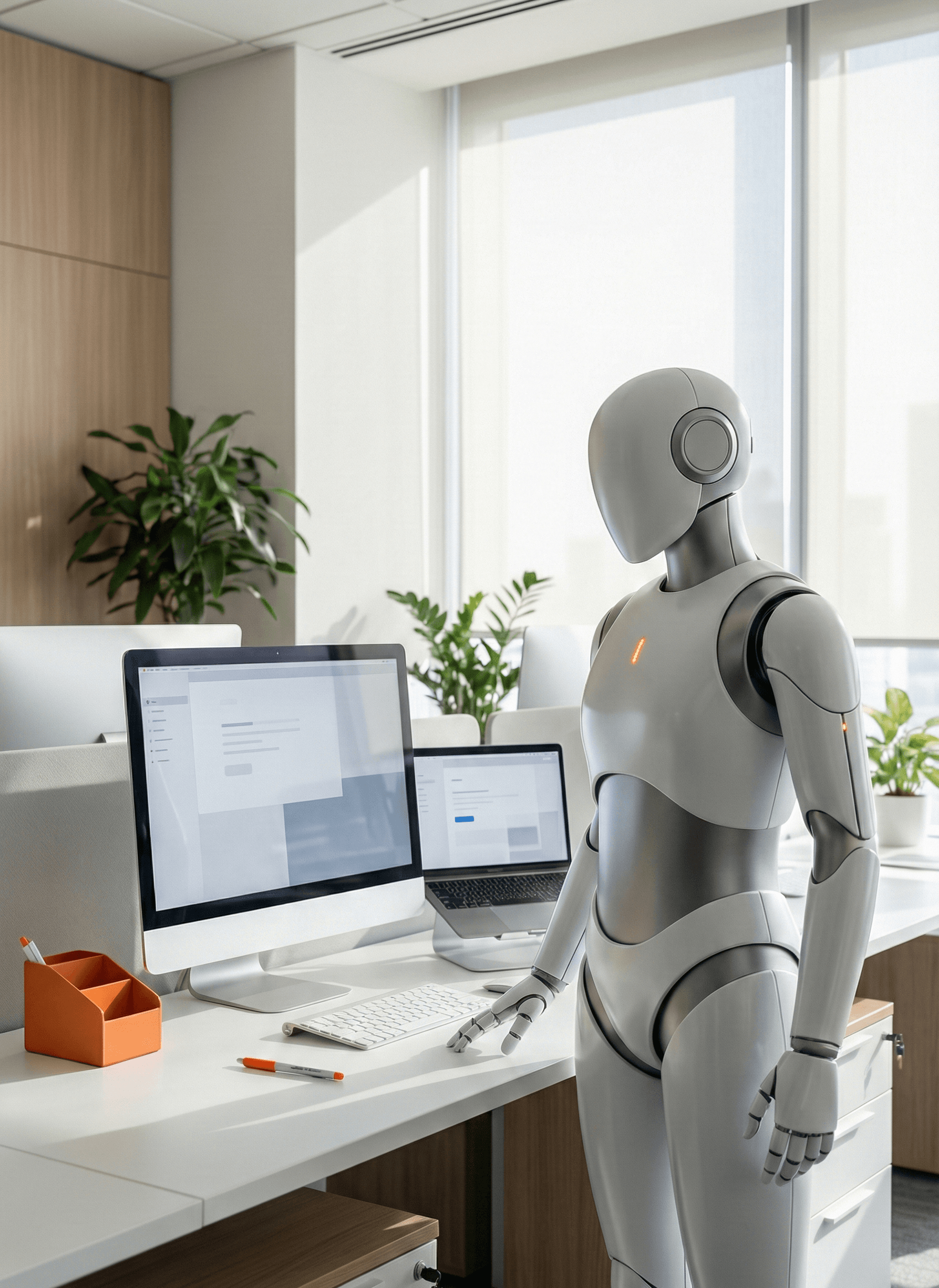 Humanoid assistant in an office beside digital workstations