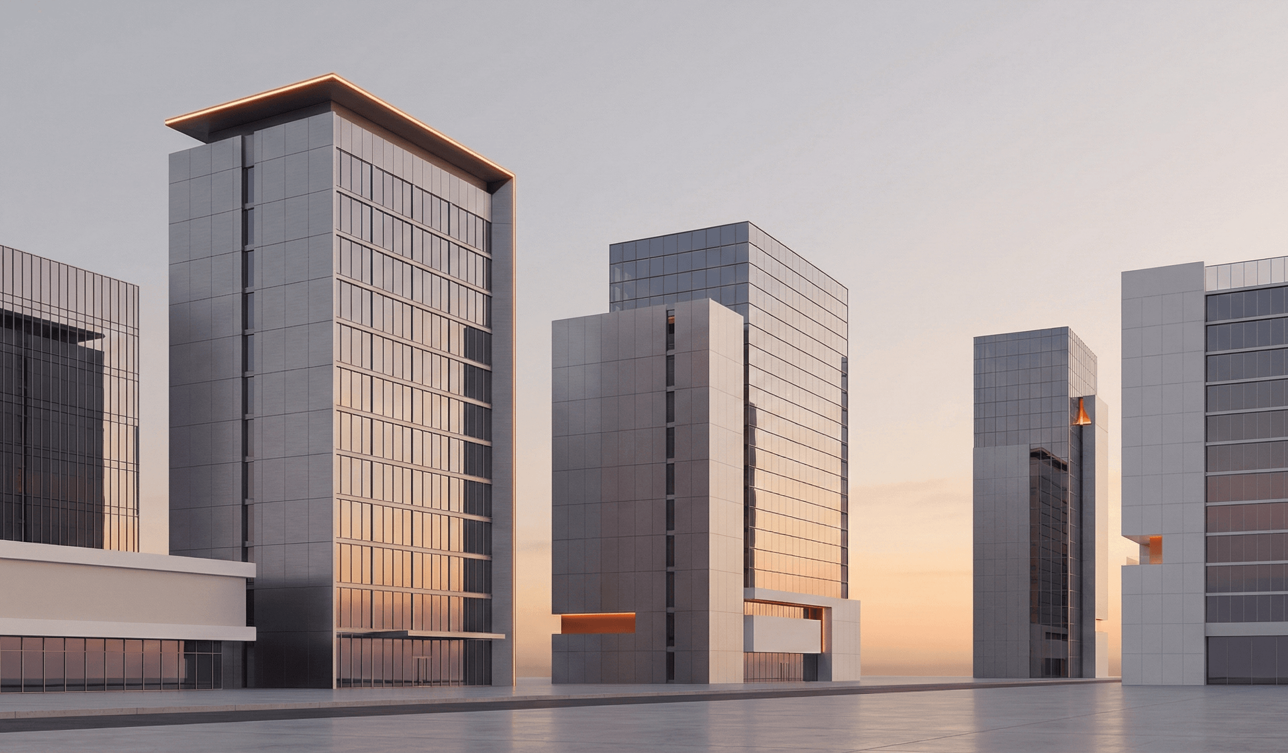 Modern buildings with clean lines and orange accents at sunset