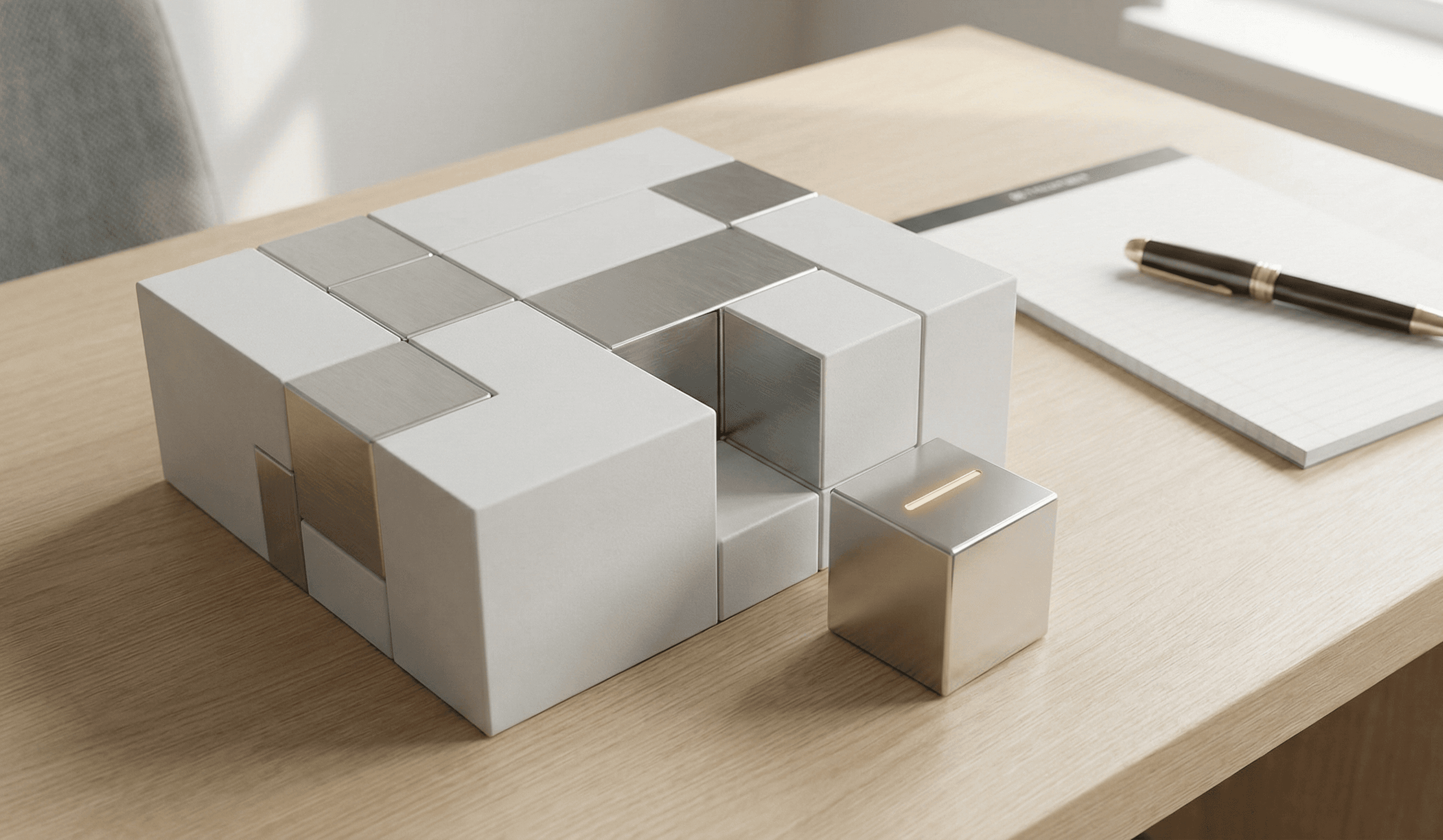 Estructura modular sobre una mesa que representa decisiones con información incompleta
