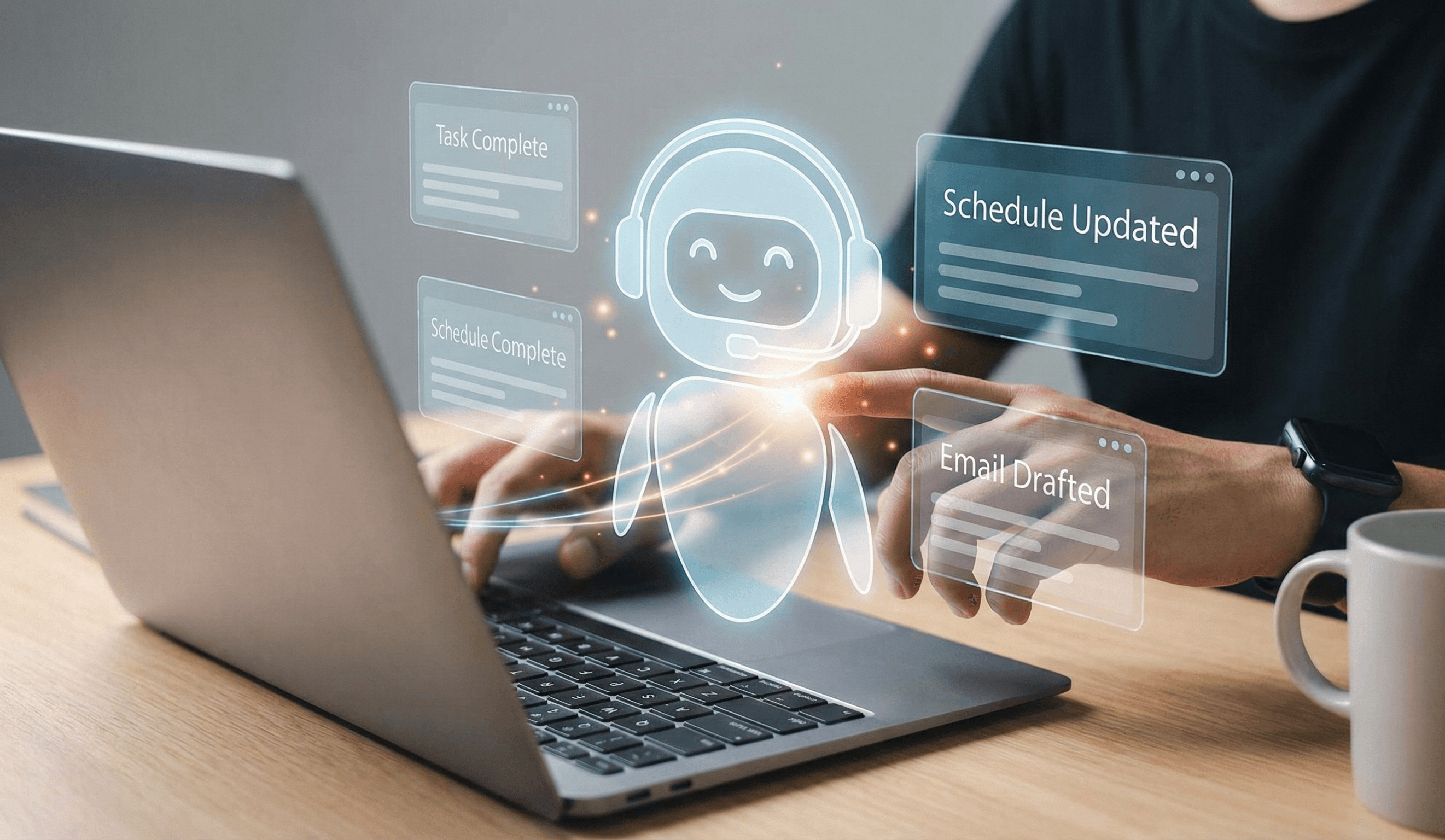 Interfaz de asistente digital sobre un portátil que representa automatización operativa