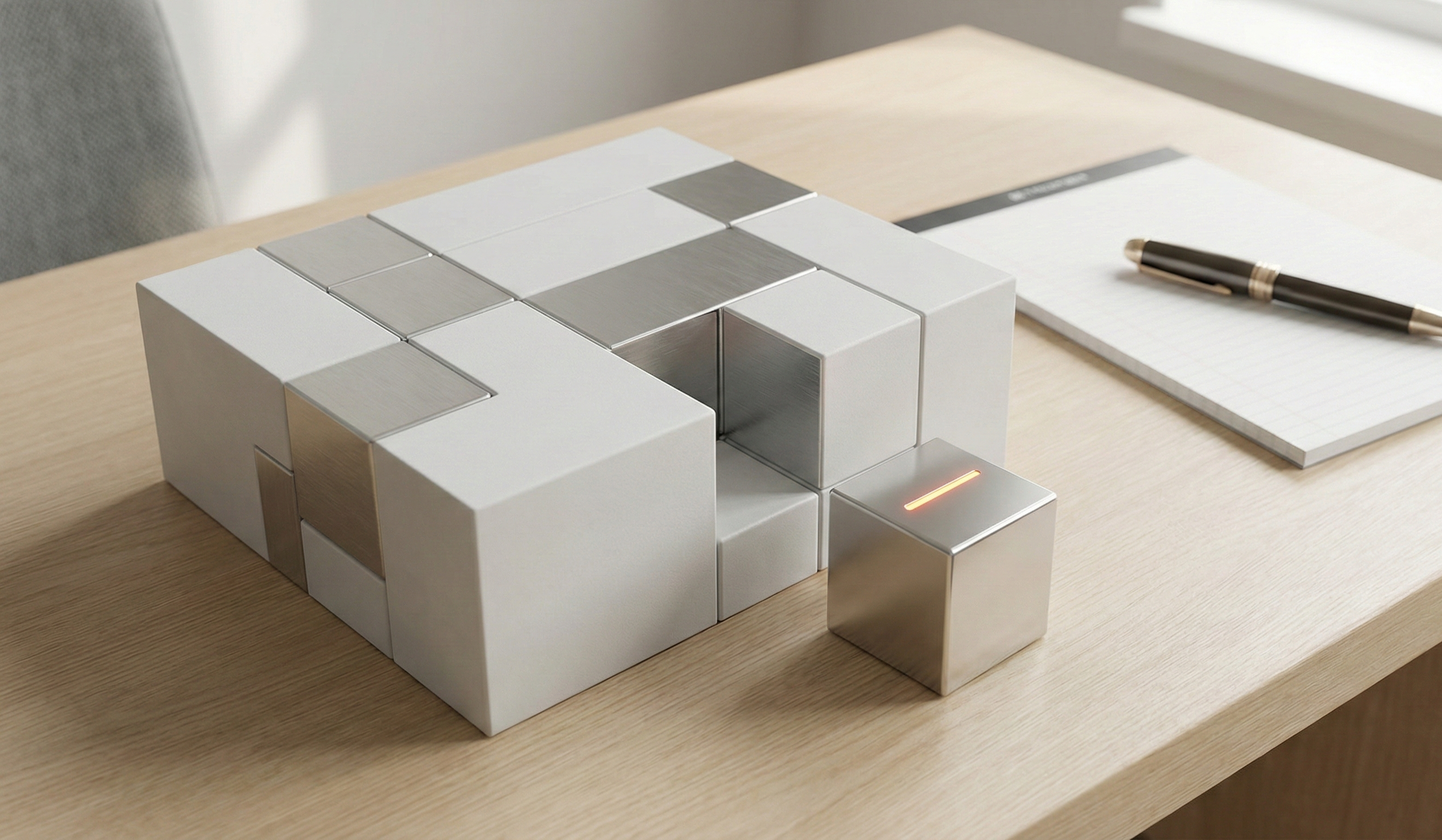 Estructura modular sobre una mesa que representa decisiones con información incompleta